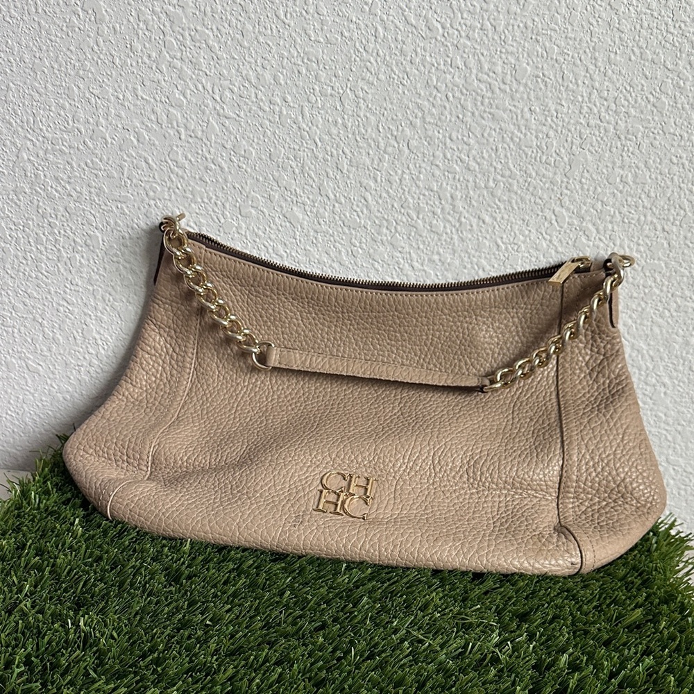 Carolina Herrera Beige Leather Shoulder Bag with Chain